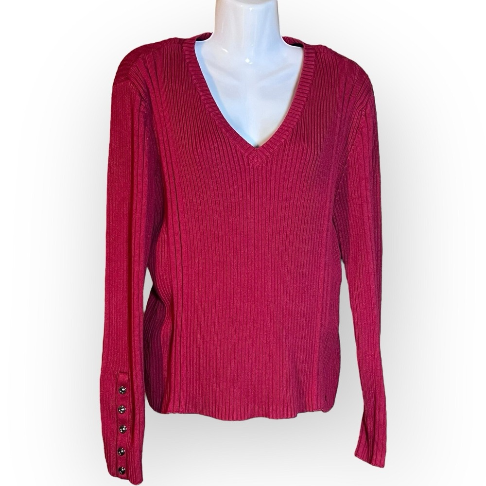 Vtg Y2K Tommy Hilfiger Jeans Ribbed Knit V-Neck Sweater Red Preppy‎ L /XL Cherry